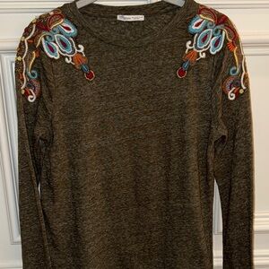 Zara Olive Embroidered Shoulder tee with Multicolor Detail